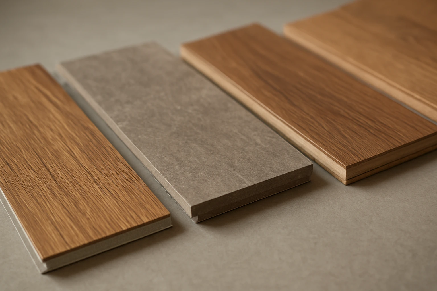 LVT plank, SPC tile, laminate plank, and engineered wood plank samples laid side-by-side showing surface textures and exposed