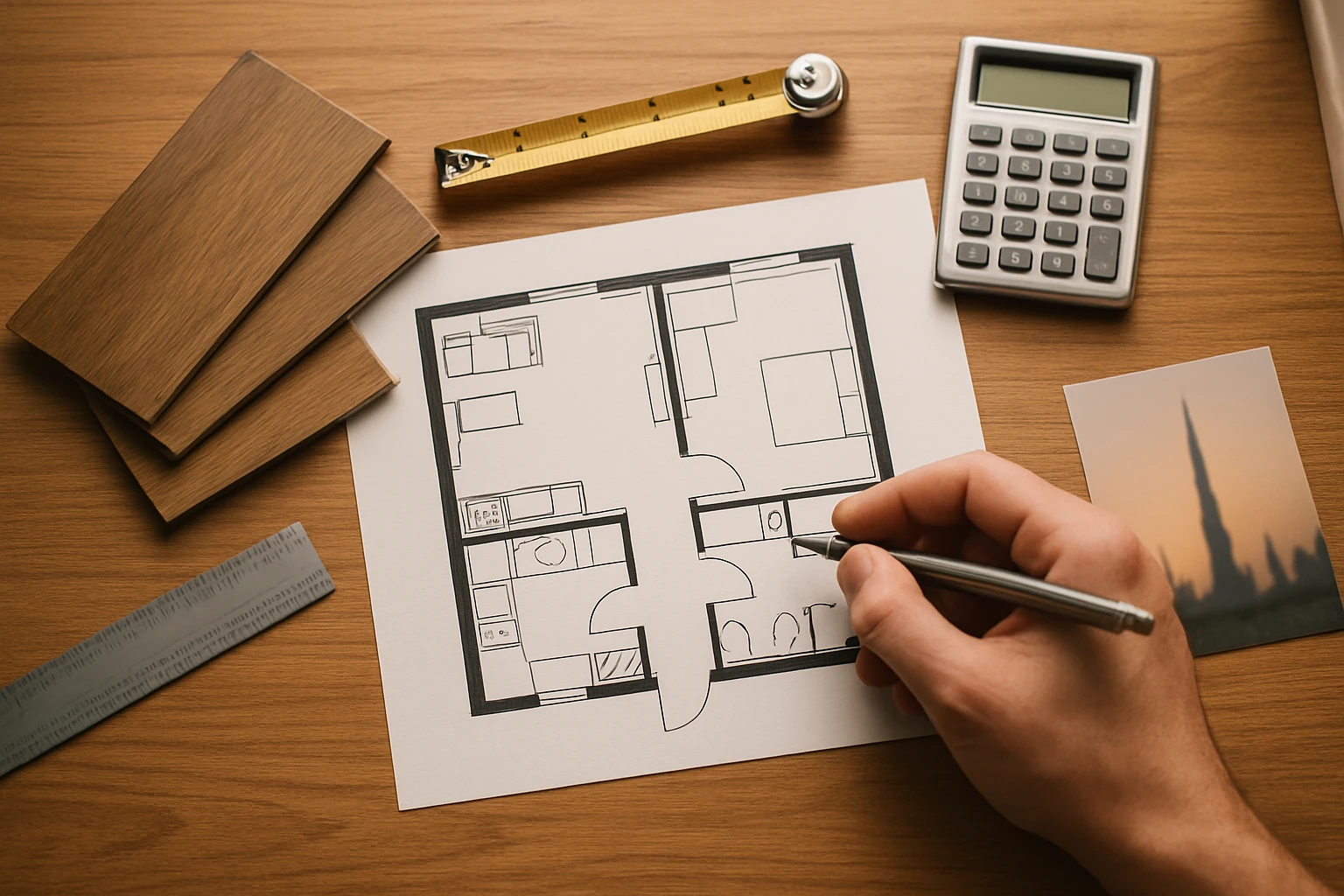 LVT vinyl plank samples and an apartment floor plan on a desk with a measuring tape and calculator in a Dubai designer's work