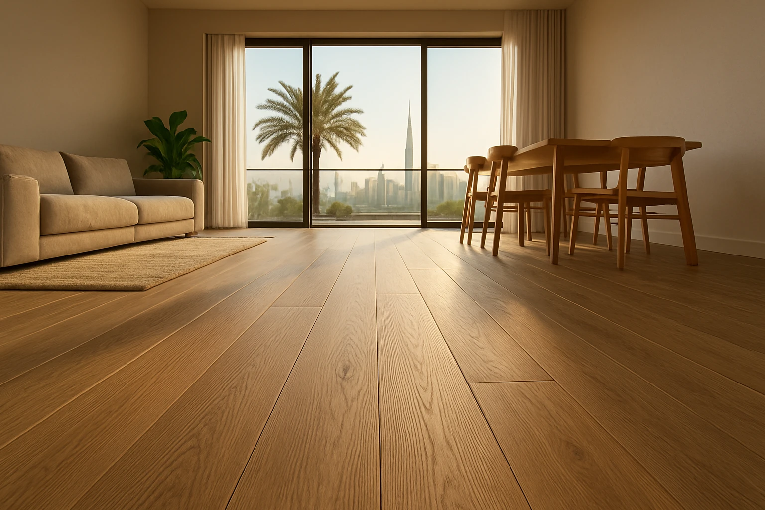 Medium oak wide-plank laminate flooring in an open-plan Dubai villa living and dining area bathed in afternoon sunlight.