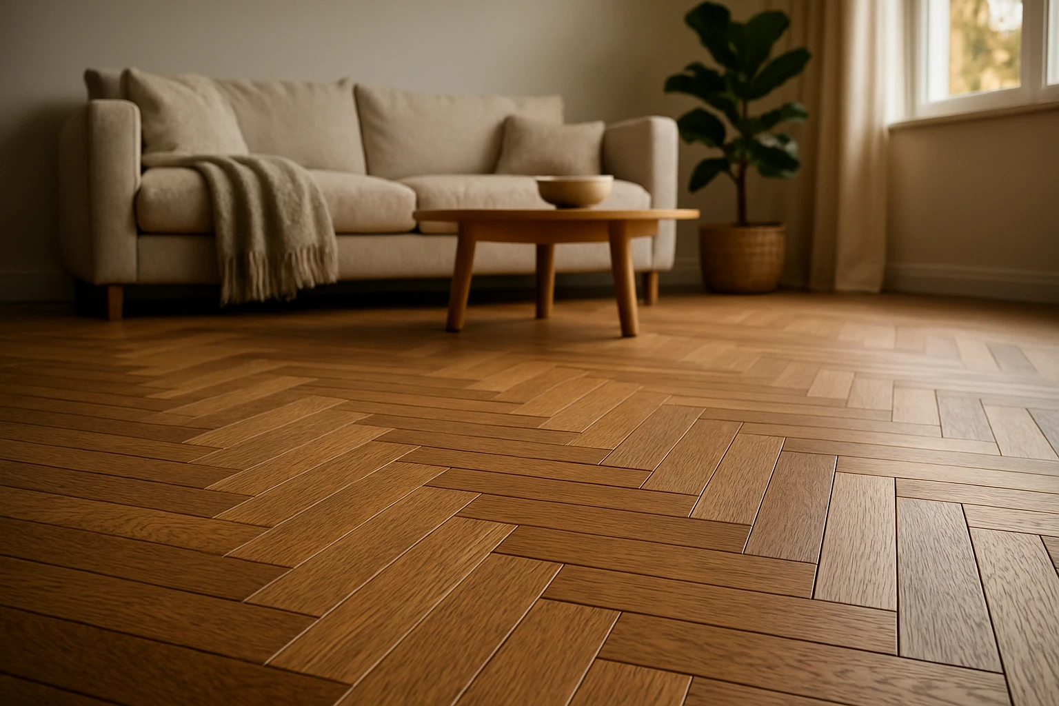 Mid-toned engineered oak herringbone parquet floor stretching toward a linen sofa, coffee table and plants in a softly lit li