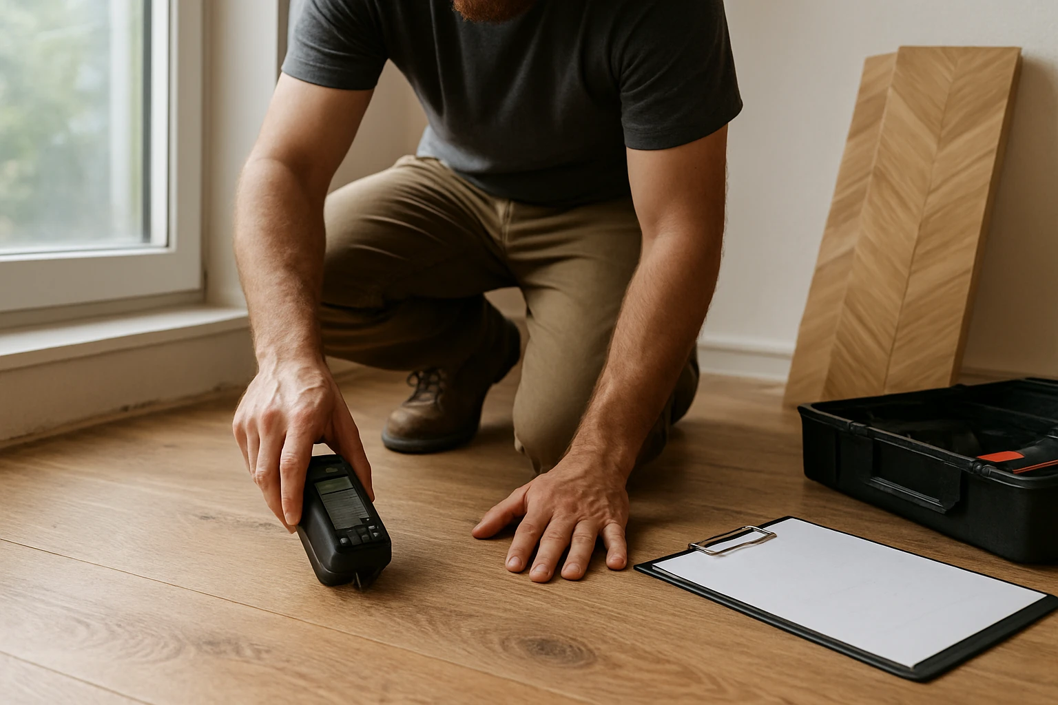 Moisture meter pressed to a timber subfloor while an installer checks moisture near acclimating parquet planks by a window.