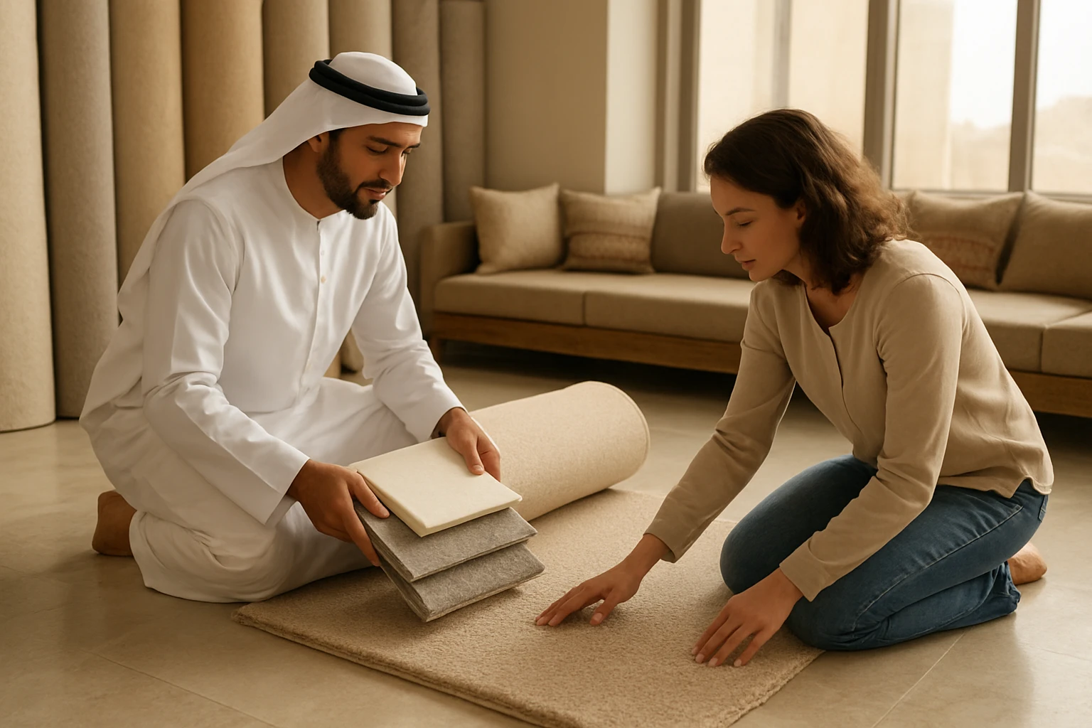 Neutral beige carpet rolls being unrolled on a Dubai showroom floor while a salesperson shows underlay padding samples to a c