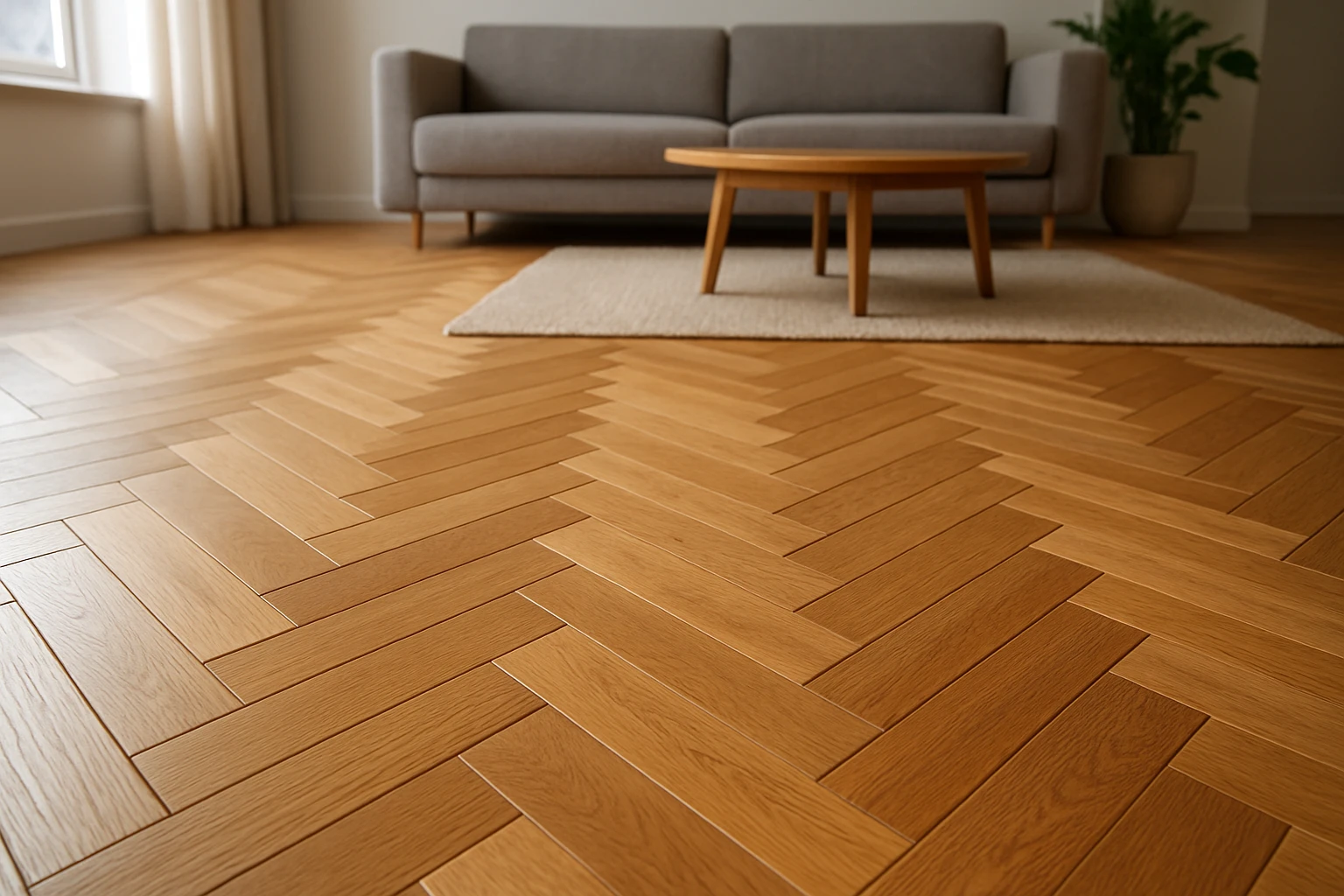 Oak herringbone parquet floor in a modern living room, low-angle view emphasizing the repeating zigzag pattern and furniture 