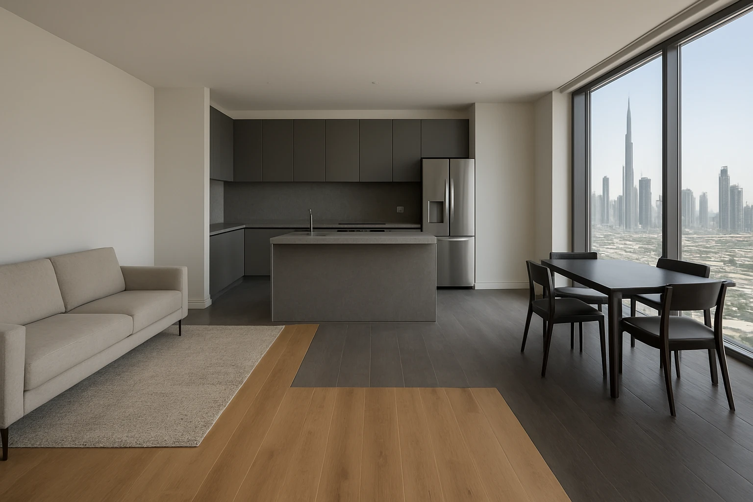 Oak laminate, grey stone-look SPC, and dark wood-effect LVT planks installed side-by-side in a modern Dubai apartment.