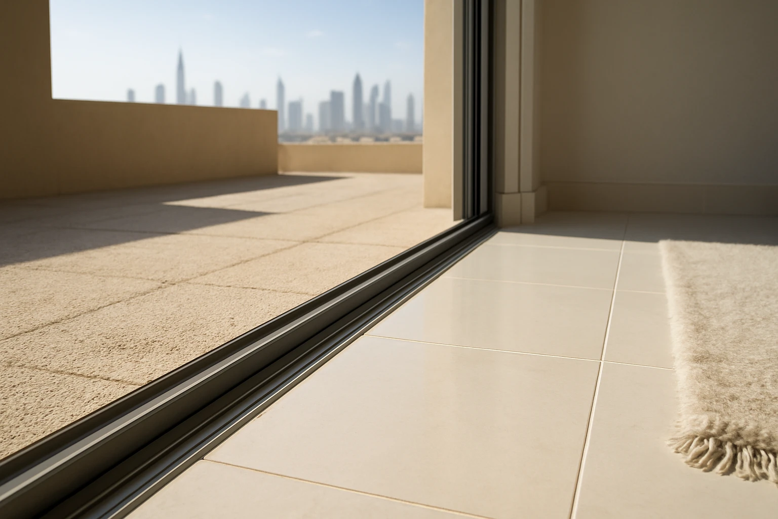 Outdoor stone balcony tiles with sand transitioning to indoor porcelain tiles at a Dubai apartment threshold with an aluminum