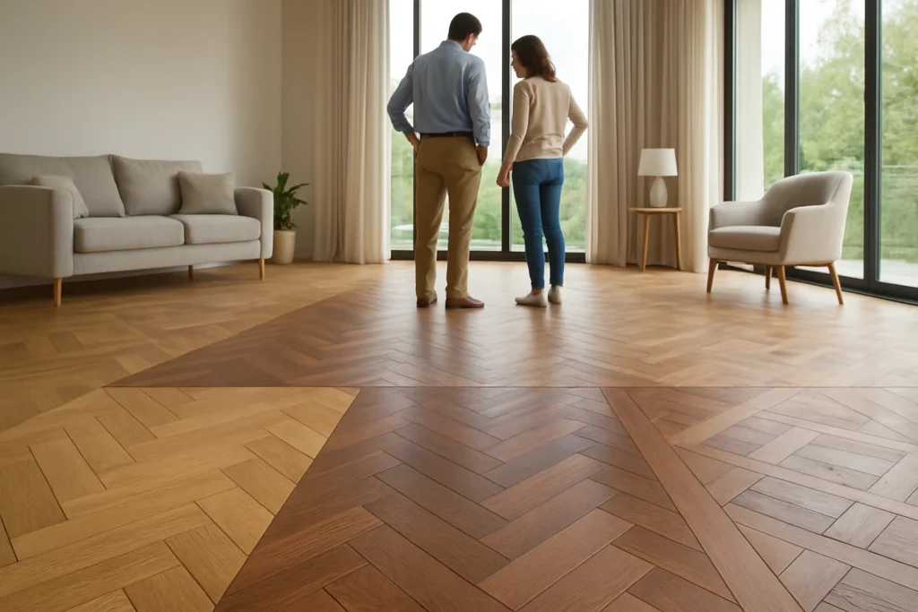 Parquet flooring samples laid side-by-side showing herringbone oak, chevron walnut, and a mixed-wood Versailles panel in a br
