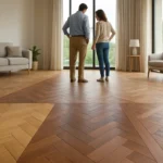 Parquet flooring samples laid side-by-side showing herringbone oak, chevron walnut, and a mixed-wood Versailles panel in a br