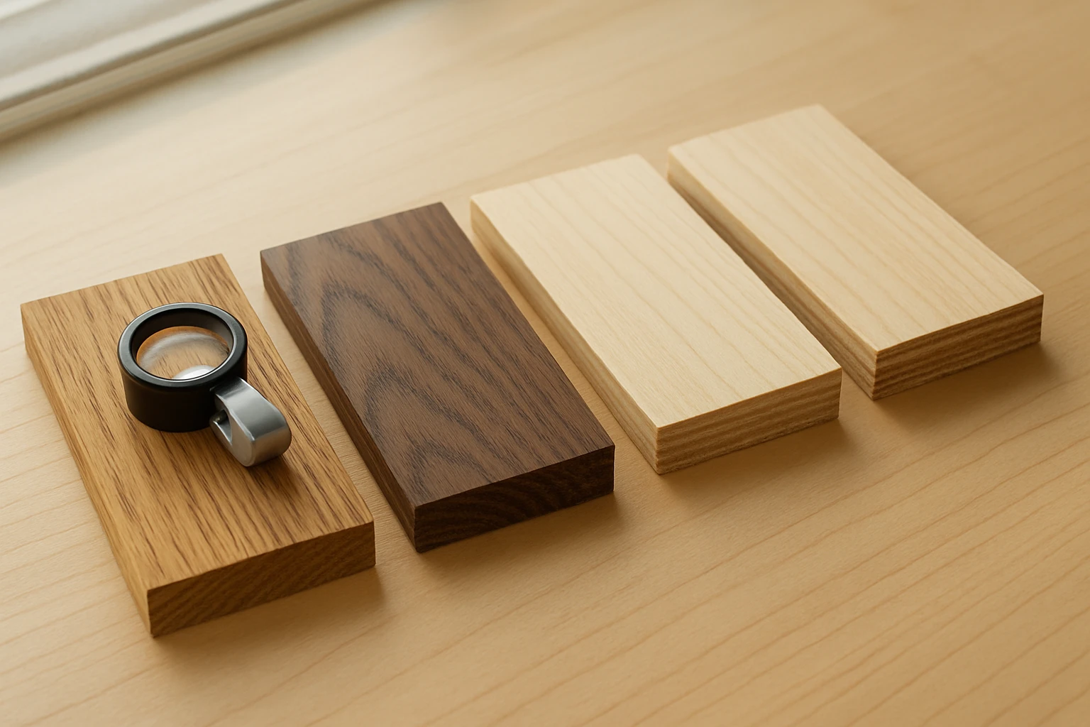 Parquet flooring samples—oak, walnut, maple and an engineered cross-section—laid side by side showing grain detail and layere