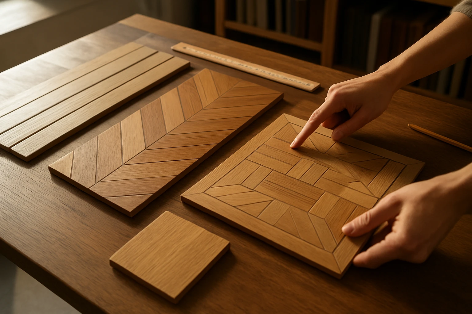 Parquet flooring samples — rectangular strips, chevron-cut boards, and a Versailles square panel — displayed on a designer's 