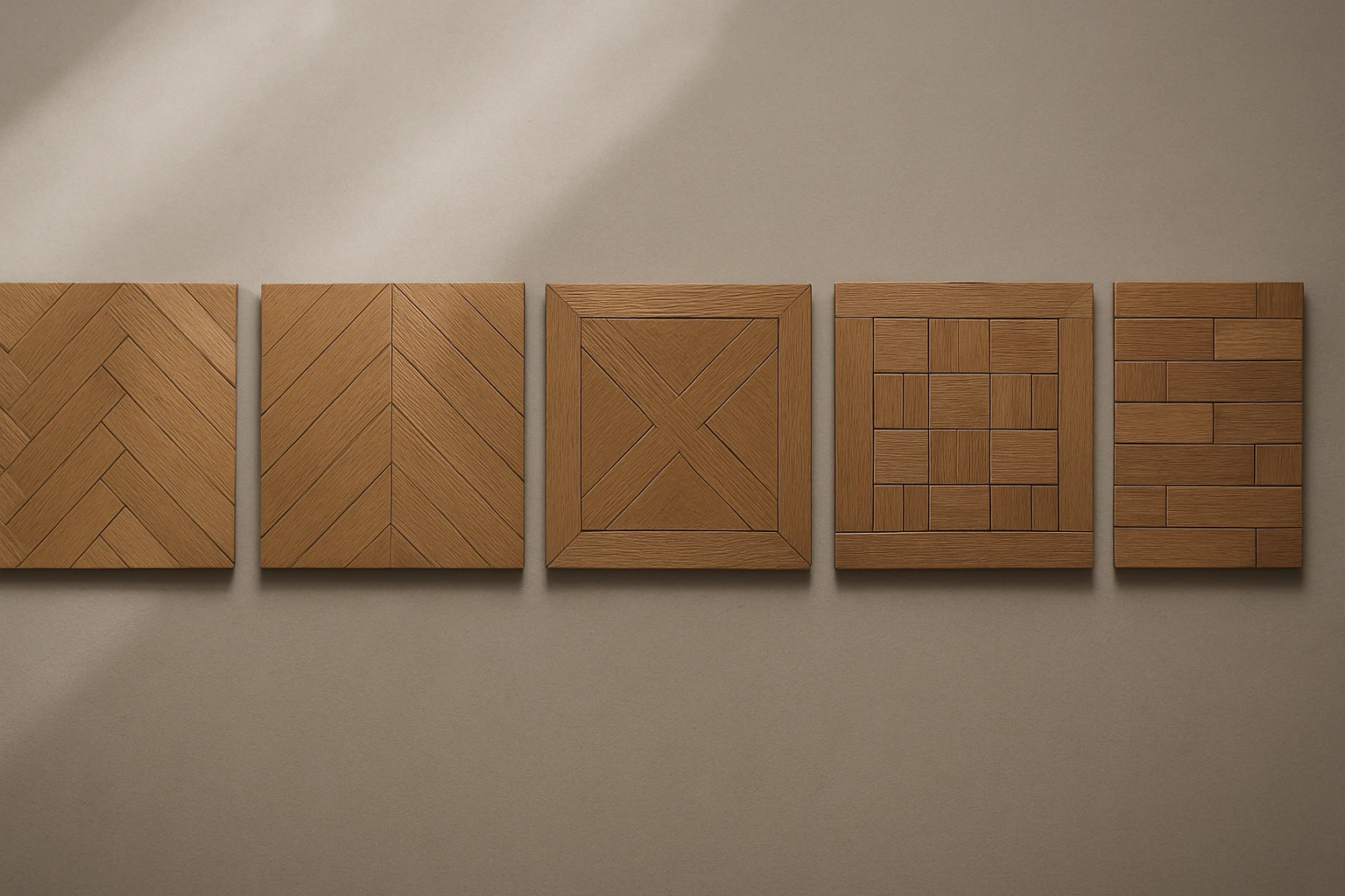 Parquet flooring samples showing herringbone, chevron, Versailles panel, basket weave, and brick patterns on a neutral backgr