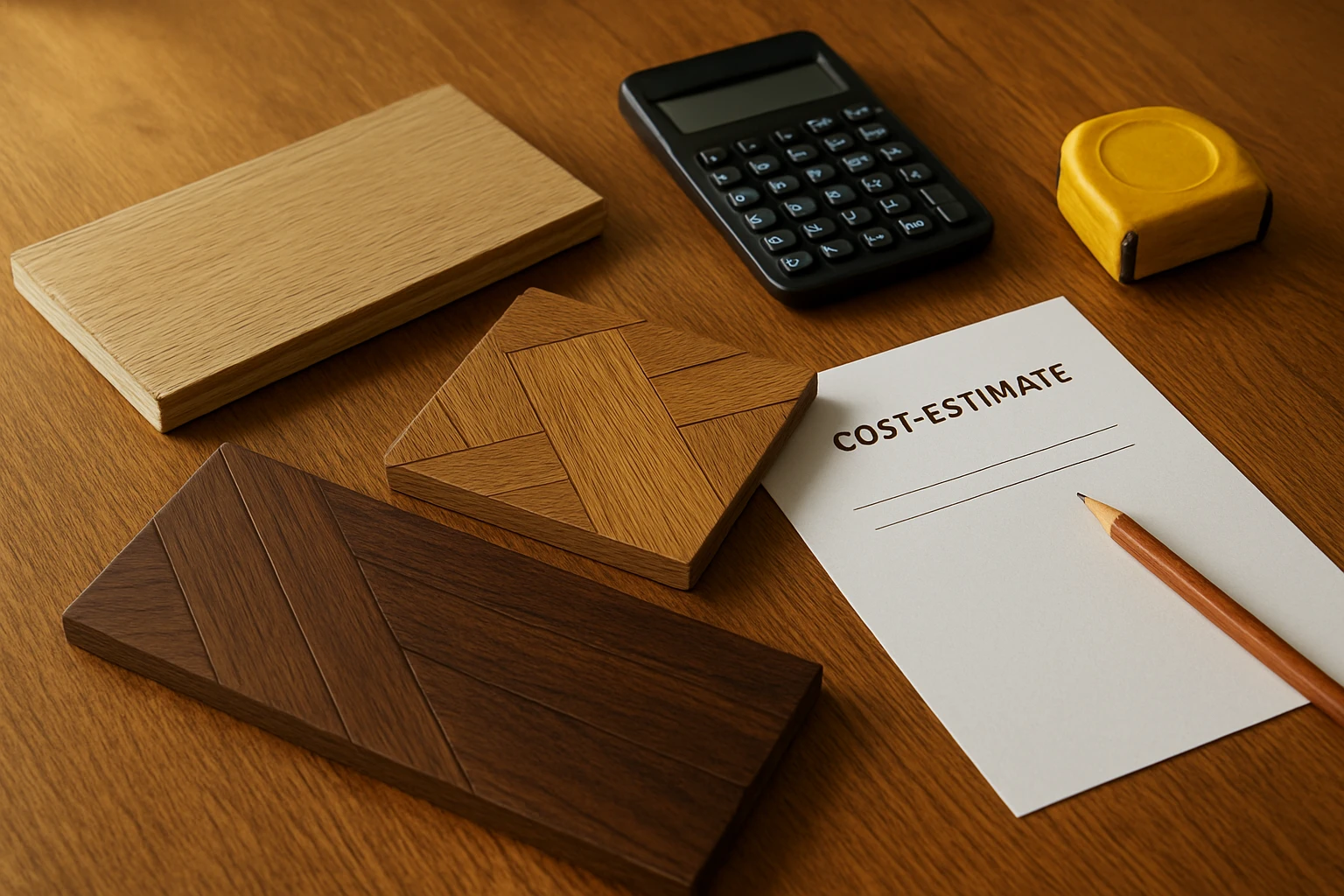 Parquet flooring samples (straight plank, herringbone, and chevron) beside a blank cost estimate sheet, calculator, and tape 