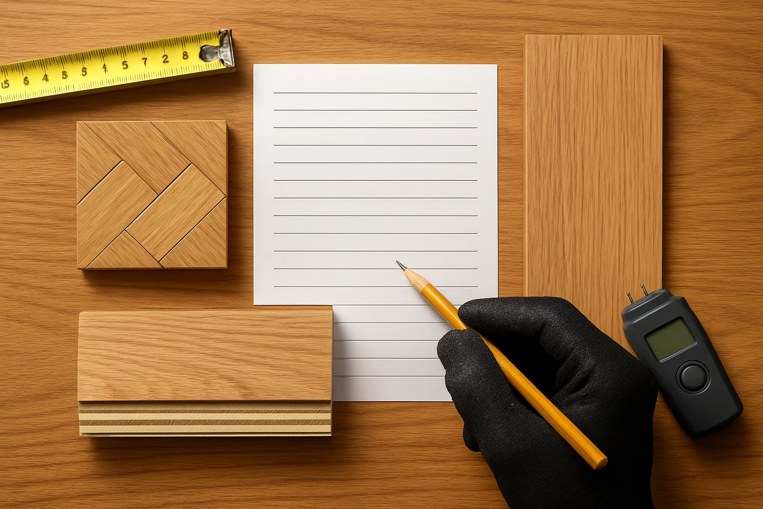 Parquet herringbone tile, solid oak plank and engineered flooring cross-section beside a comparison sheet with a tape measure