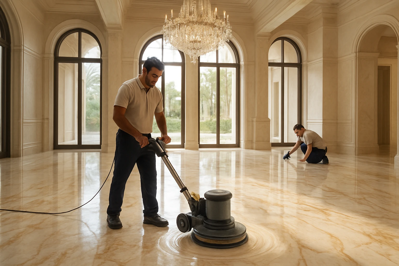 Polished marble floor being buffed by a professional cleaner in a luxury Dubai villa lobby, showing glossy reflections and cl