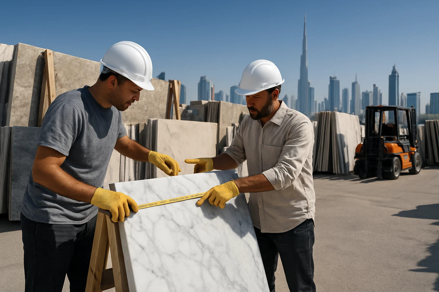 Polished marble slabs leaning in a Dubai stone yard with two workers inspecting veining patterns under bright sunlight.