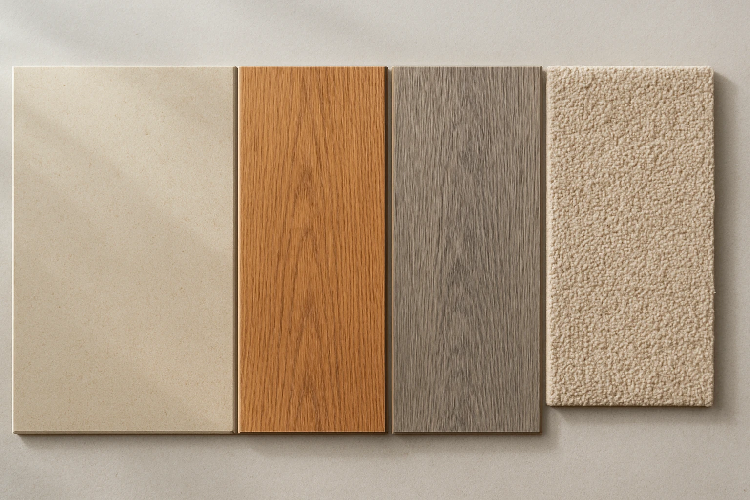 Porcelain tile, engineered oak plank, luxury vinyl plank and beige low-pile carpet swatch arranged side-by-side on a neutral 