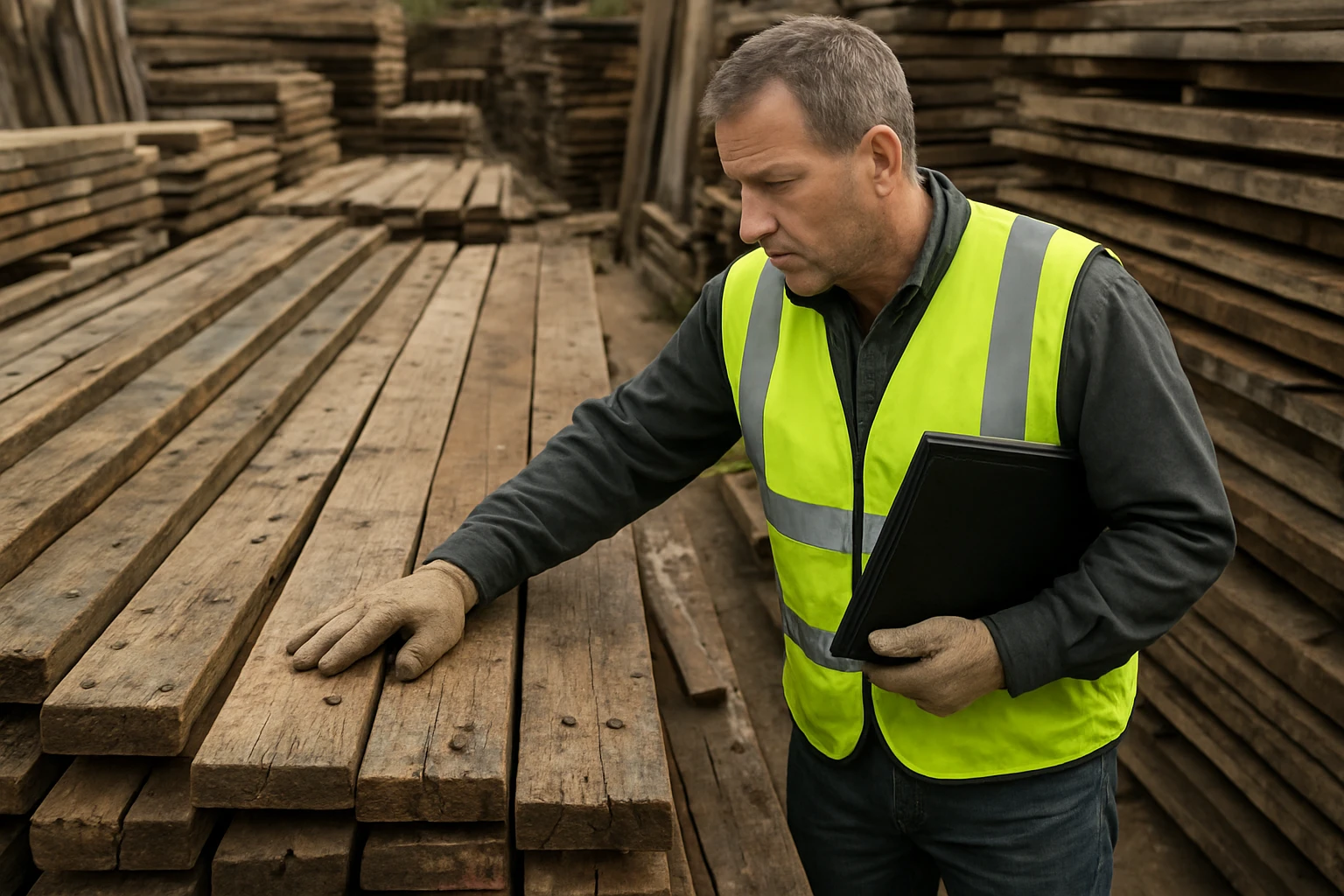 Reclaimed oak planks stacked outdoors in a salvage yard as a worker inspects a weathered board by hand.