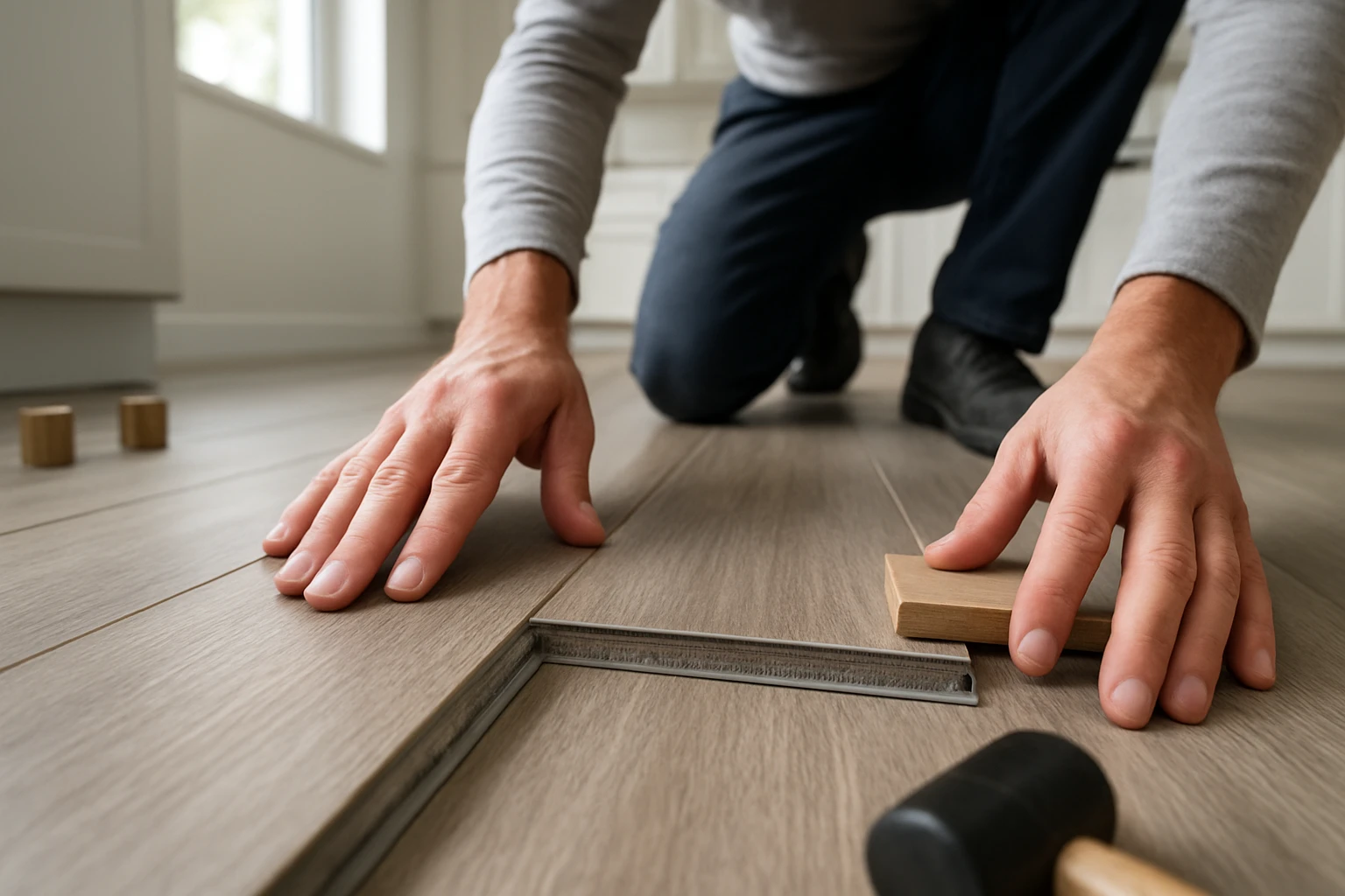 SPC flooring installation in modern kitchen