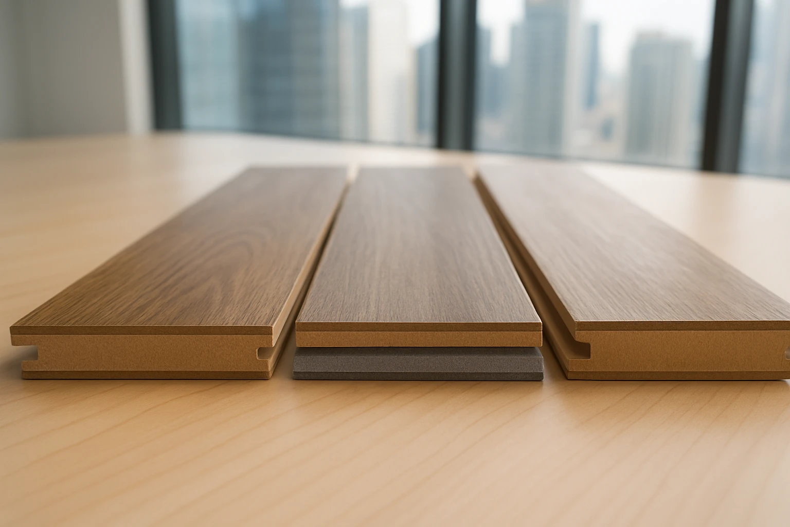 Three laminate flooring planks showing cross-sections: standard HDF core, water-resistant core with IXPE underlay, and thick 