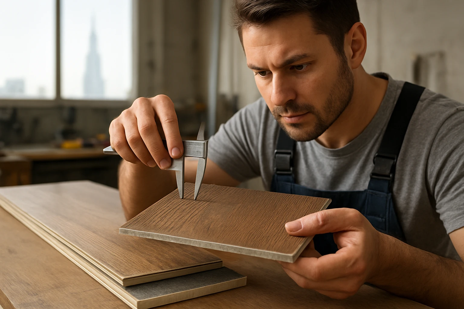 Two LVT planks and cross-section samples showing wear layer, print film, cores and backing as a technician inspects them in a