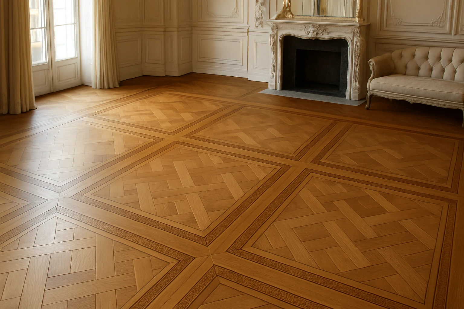 Versailles parquet panels in mixed oak tones filling a formal French-style sitting room, showing repeating square modules and