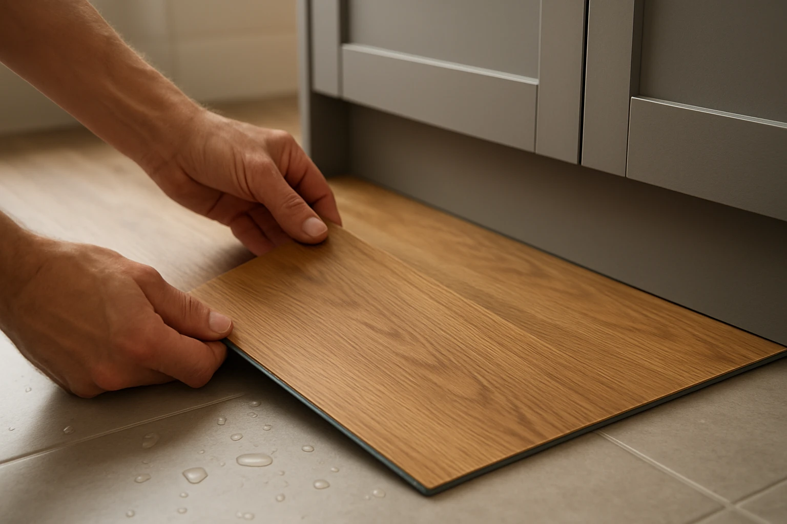 Vinyl flooring plank beside bathroom sink