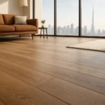 Warm oak wide-plank laminate flooring in a modern Dubai living room with floor-to-ceiling windows and a distant Burj Khalifa