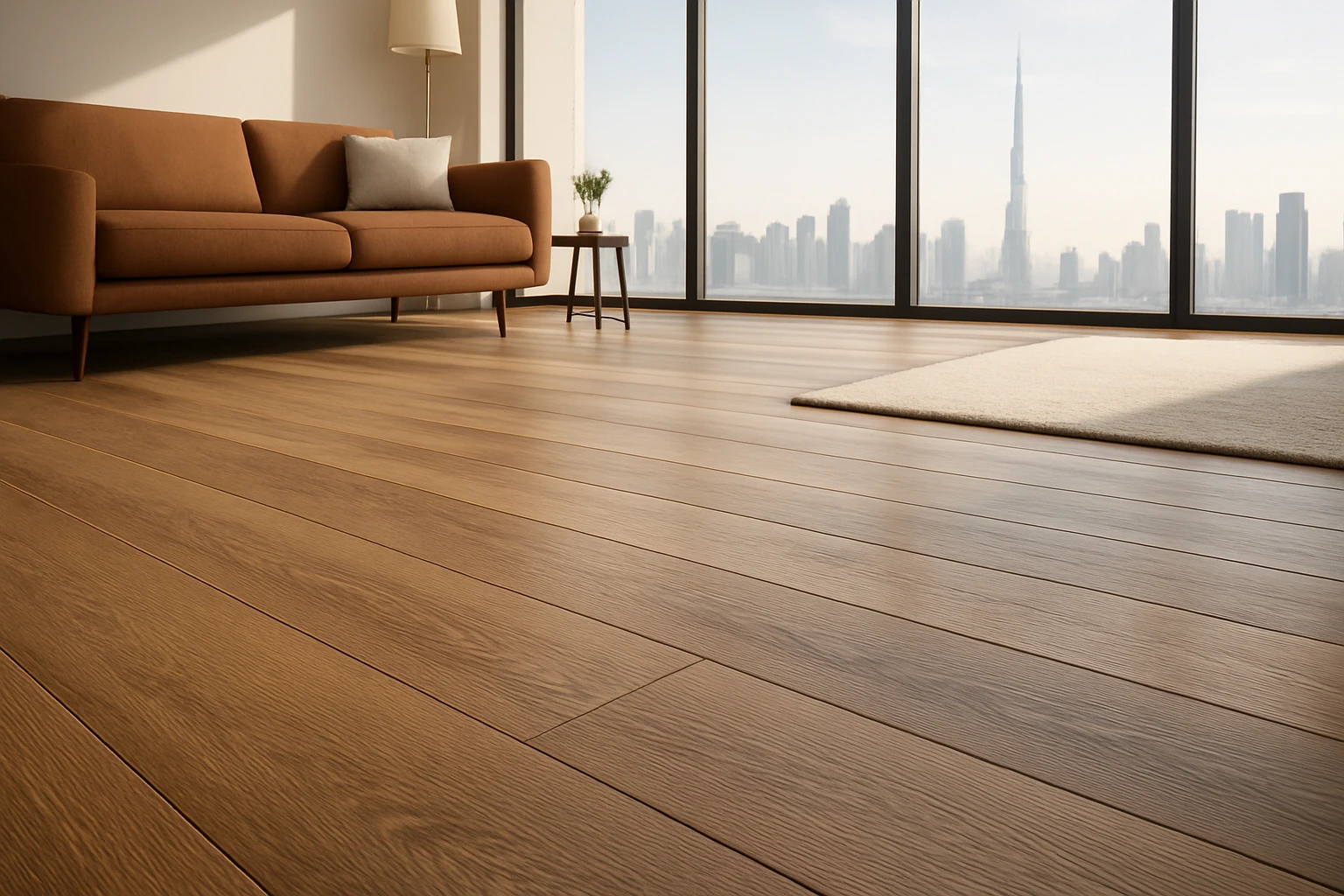Warm oak wide-plank laminate flooring in a modern Dubai living room with floor-to-ceiling windows and a distant Burj Khalifa