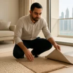 Wool, nylon and polypropylene carpet samples spread on a Dubai apartment floor as a sales consultant examines pile and backin