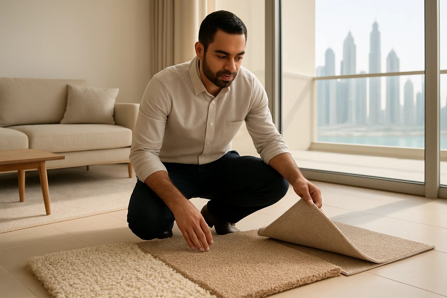 Wool, nylon and polypropylene carpet samples spread on a Dubai apartment floor as a sales consultant examines pile and backin