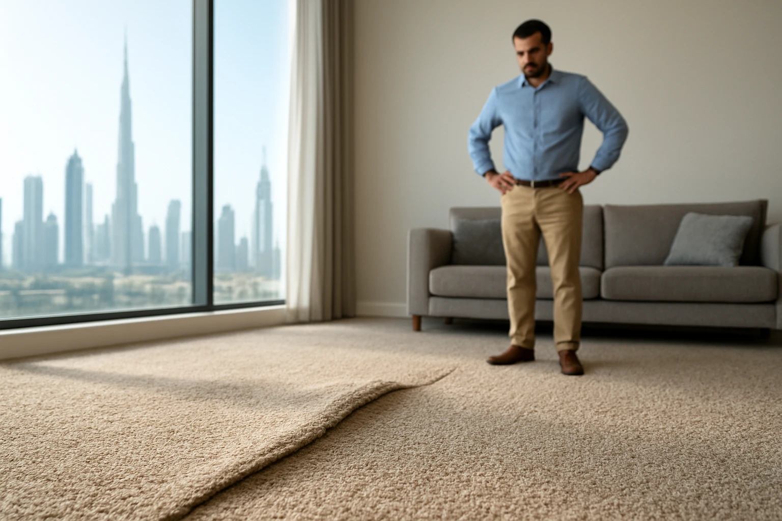 Wrinkled, poorly stretched carpet with gaps at the skirting in a Dubai apartment living room, a homeowner examining the damag