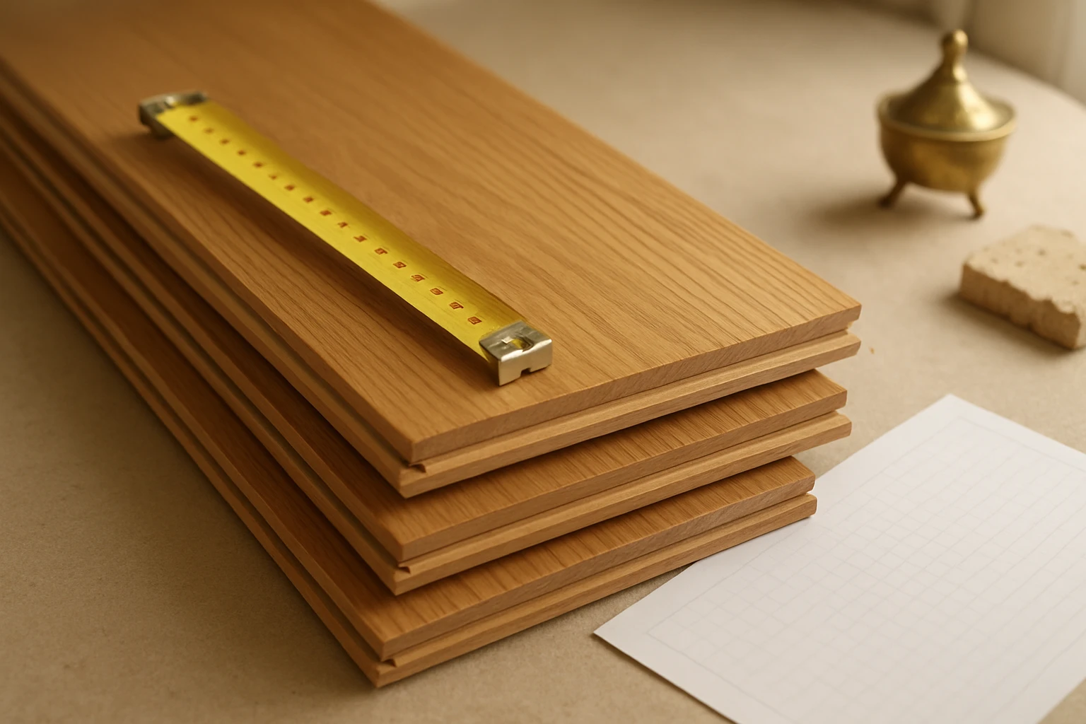 Engineered oak parquet planks with tape measure