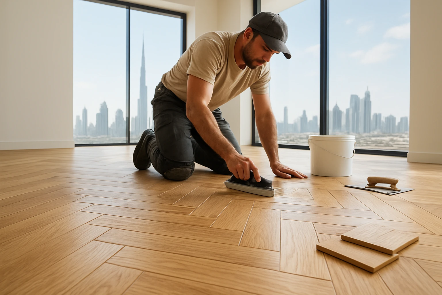Light oak parquet installation in Dubai