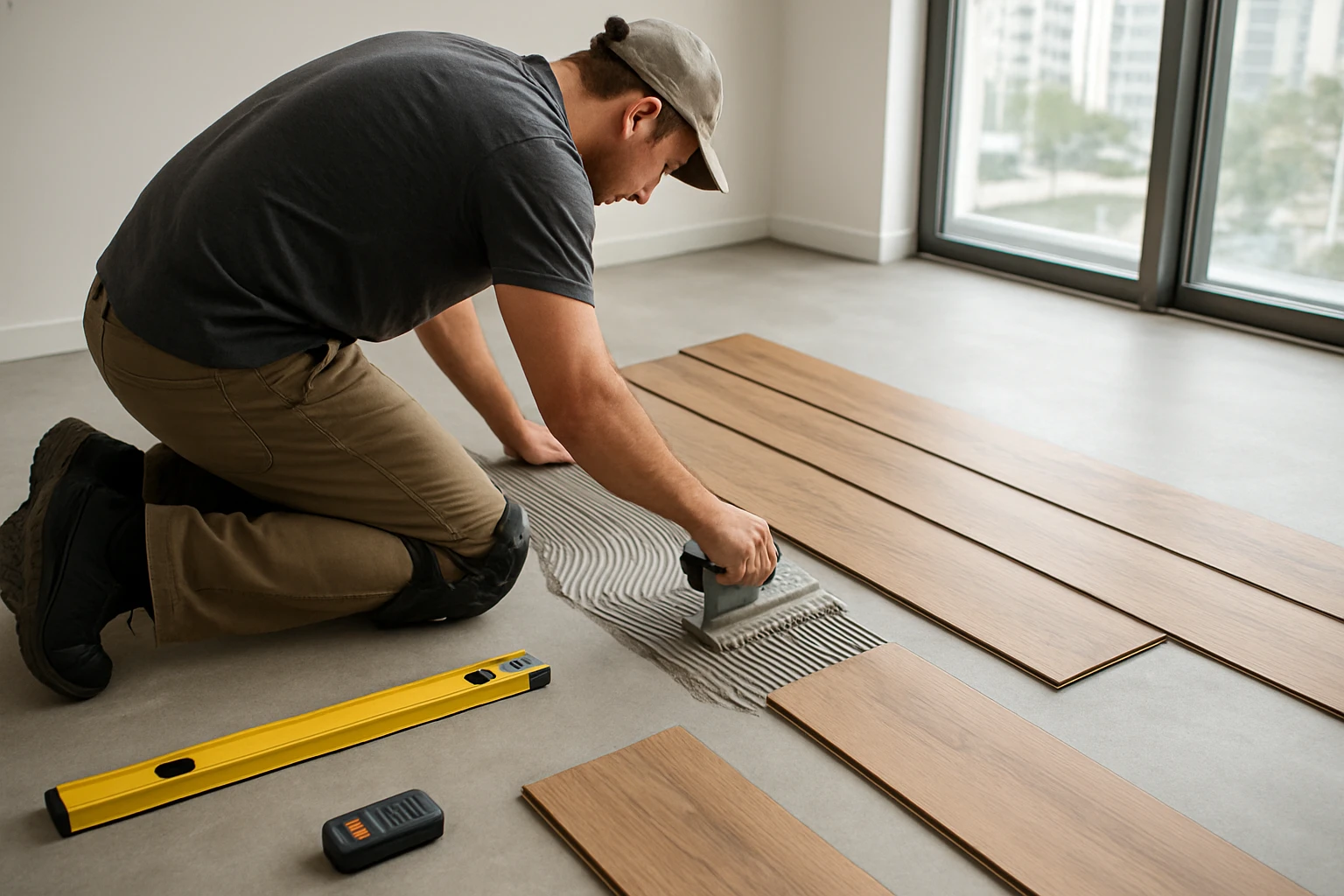 LVT flooring adhesive application in Dubai