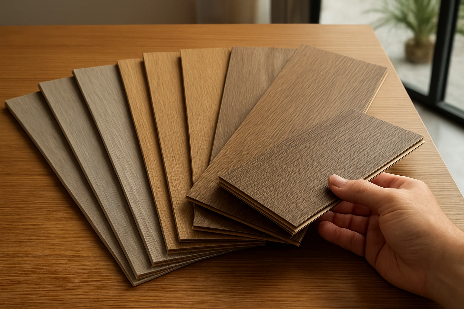 LVT flooring plank samples on table