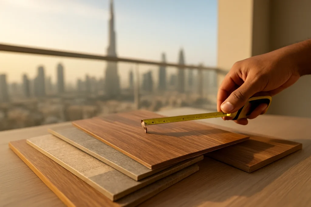 LVT flooring samples with Dubai skyline