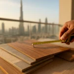 LVT flooring samples with Dubai skyline