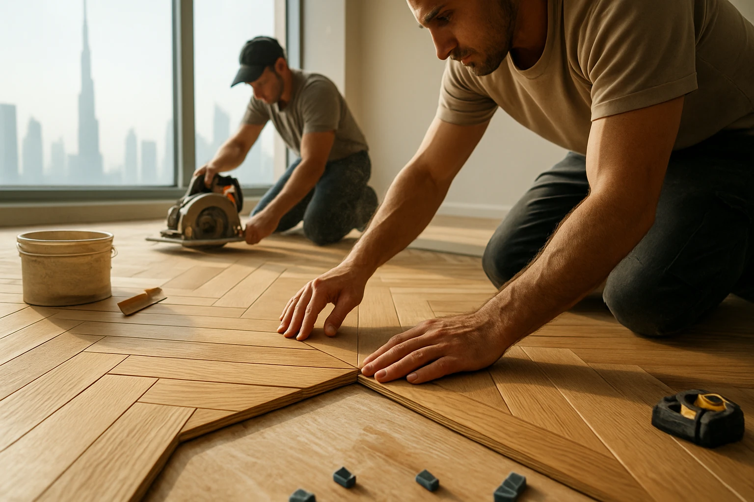 Parquet flooring herringbone installation in Dubai