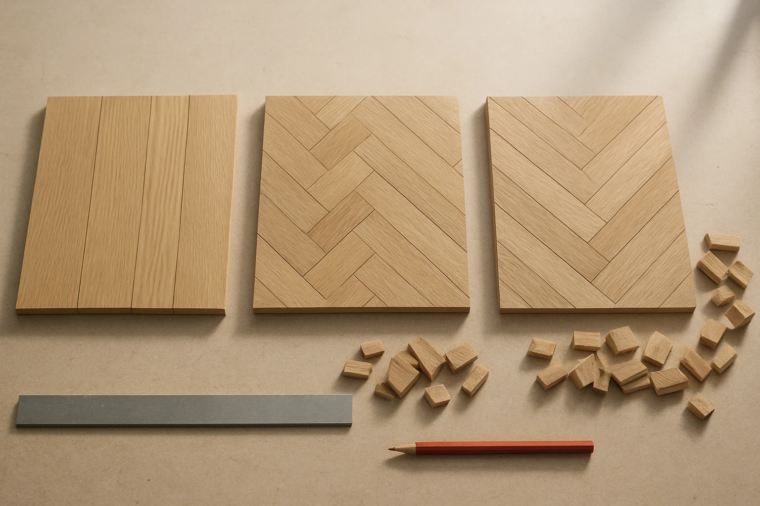 Parquet flooring samples showing pattern waste