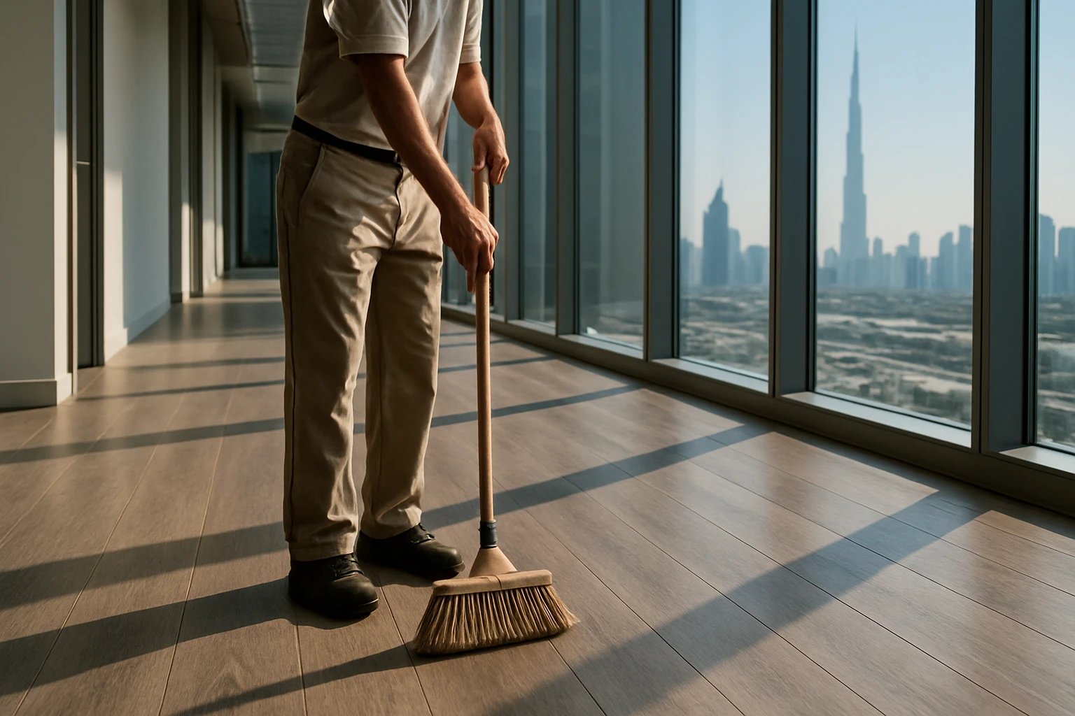 SPC flooring being swept in Dubai office