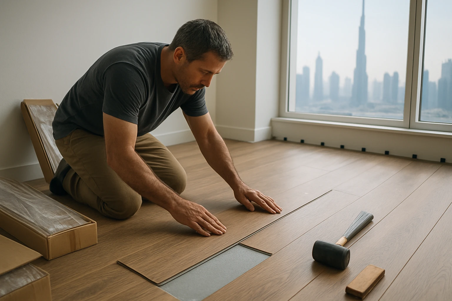 SPC flooring installation in Dubai room