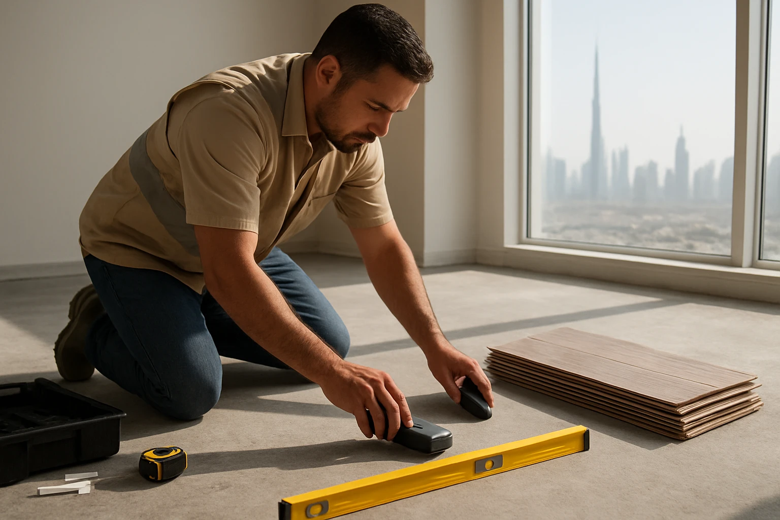 SPC flooring installer checking subfloor