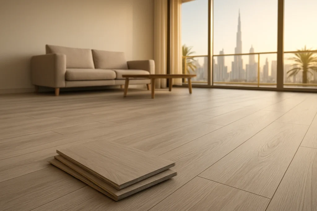 SPC flooring plank samples in Dubai living room