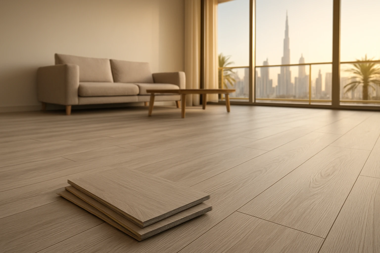 SPC flooring plank samples in Dubai living room