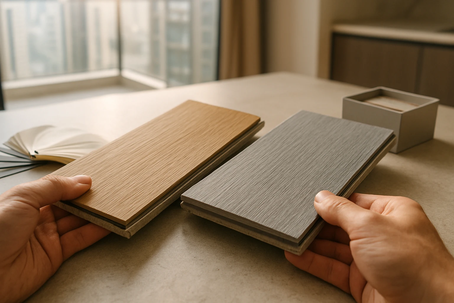 SPC flooring samples on kitchen counter
