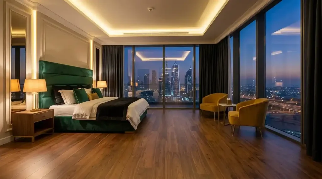 Wood flooring in a luxury bedroom in Dubai