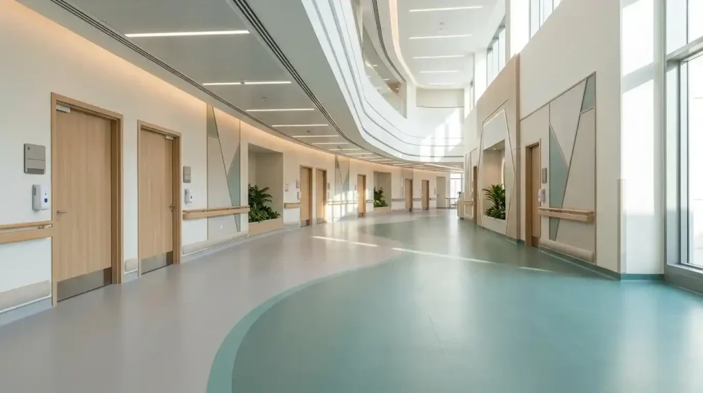 Seamless vinyl flooring in a Dubai hospital corridor